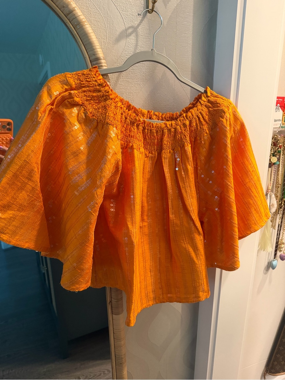 CONIGLIO PALM BEACH Orange Off-the-Shoulder Top- Bright Orange w sequins